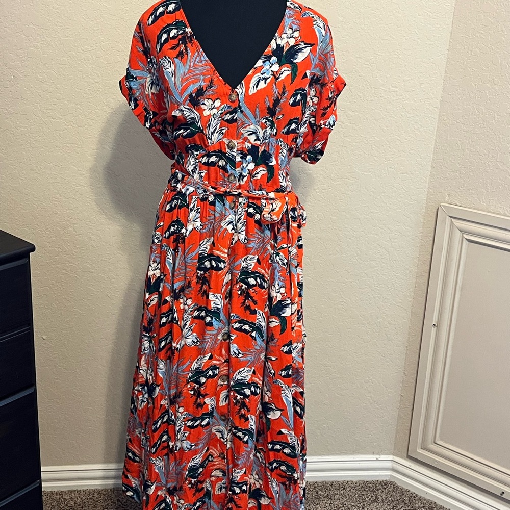 LOFT Orange and Blue Maxi Sundress Casual V-Neck